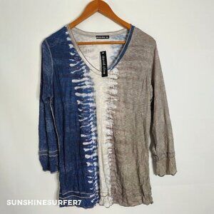 DAVID CLINE Womens XXL Top 3/4 Slv MERROW STITCH V-NECK Blue/ Gray NEW